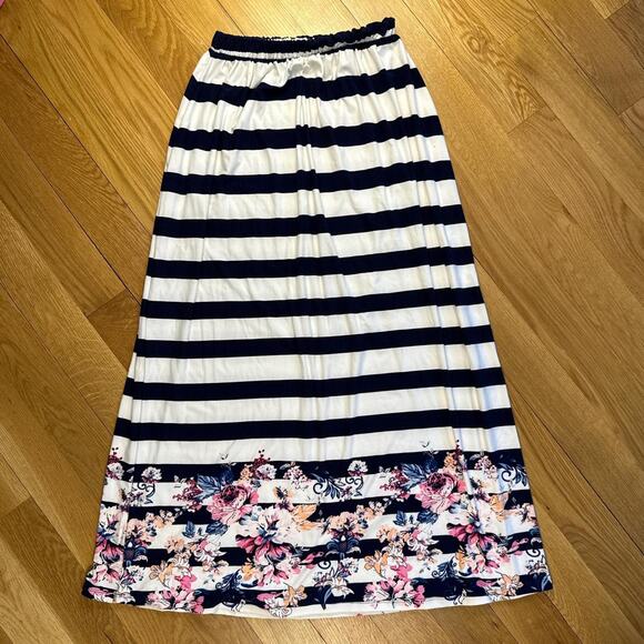 Navy white striped floral preppy maxi skirt coastal nautical - size small - Picture 5 of 5